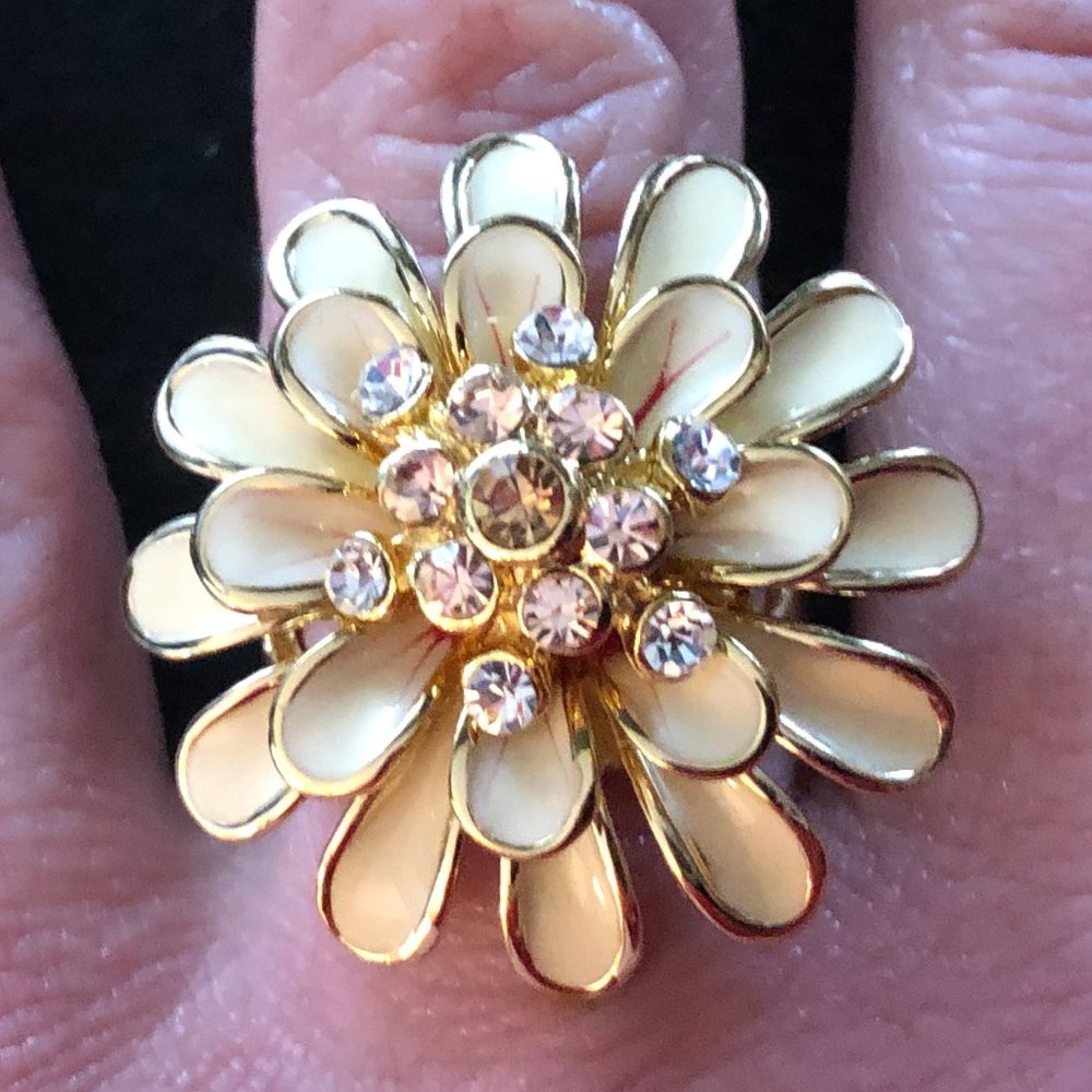 Flower Ring Crystal Rhinestone Enamel Gerbera Daisy Camille Lucie France Sz 5